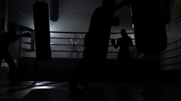 Kickboxers golpeando una pera en un anillo oscuro — Vídeos de Stock