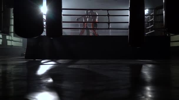 Два парня соревнуются на спортивном ринге — стоковое видео