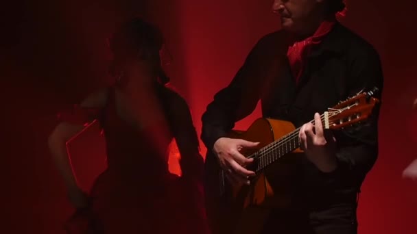 Tanec Flamenco dívka kouře pozadí u kytaristů hudbou. Světlo zezadu. kouř na pozadí. Zpomalený pohyb — Stock video