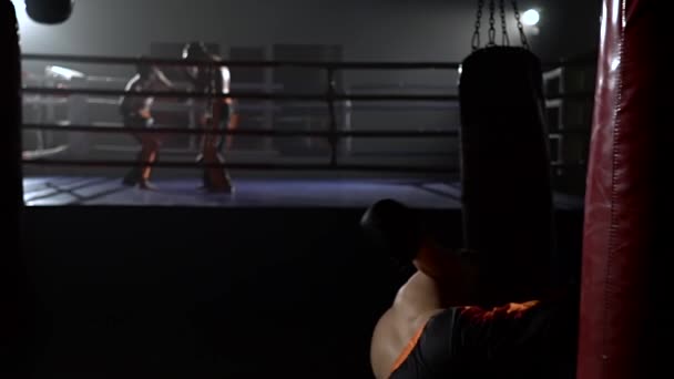 Cara de luvas bate uma pêra, no fundo no ringue há um sparring de kickboxers. Movimento lento — Vídeo de Stock
