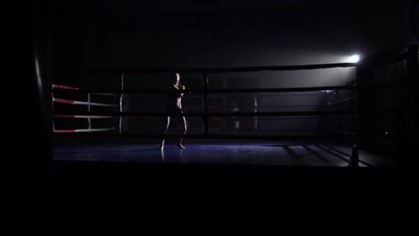 Menina kickboxer se preparando para a competição. Silhueta. Movimento lento — Vídeo de Stock