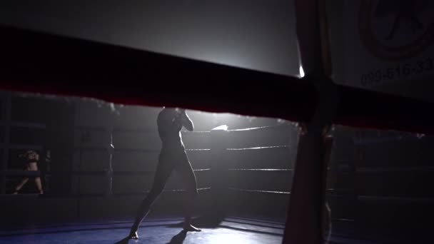 La mujer está pateando el ring. Silueta. Movimiento lento — Vídeo de stock