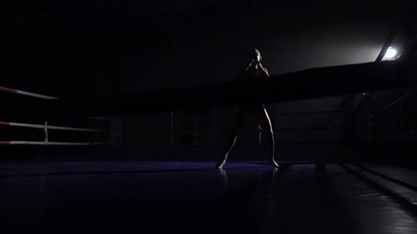 Mujer kickboxer preparándose para la competencia. Silueta. Movimiento lento — Vídeos de Stock