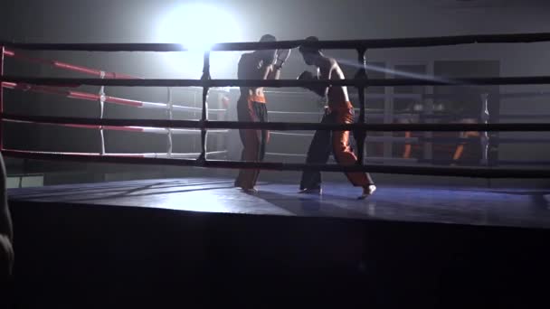 Mężczyźni Rękawice Bije Gruszki Tle Ringu Jest Sparing Kickbokserów One — Wideo stockowe