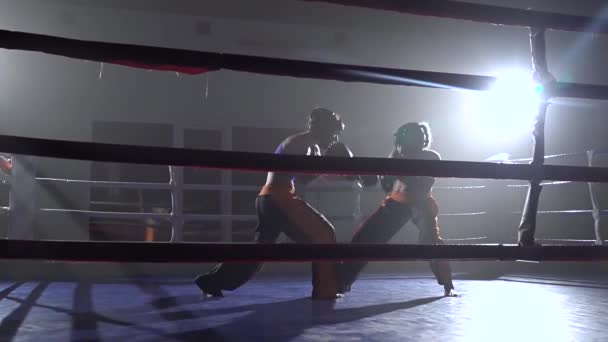 Dos chicas en cascos encajan sus brazos y piernas en el ring. Movimiento lento — Vídeo de stock