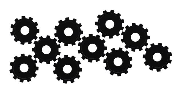 Massa små svarta gears spin i olika riktningar. Vit bakgrund. Alfakanal — Stockvideo