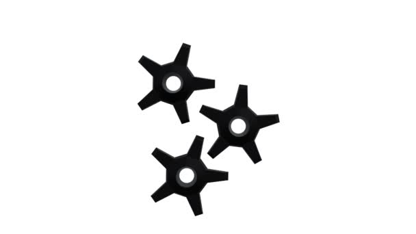 Drei schwarze Zahnräder, die sich drehen, fliegen. weißer Hintergrund. Alpha-Kanal — Stockvideo