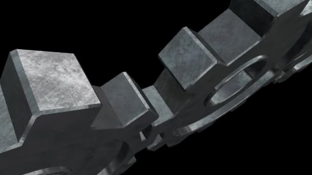 Oude mechanisme van de twee zilveren versnellingen draait. Zwarte achtergrond. Close-up. Alfakanaal — Stockvideo
