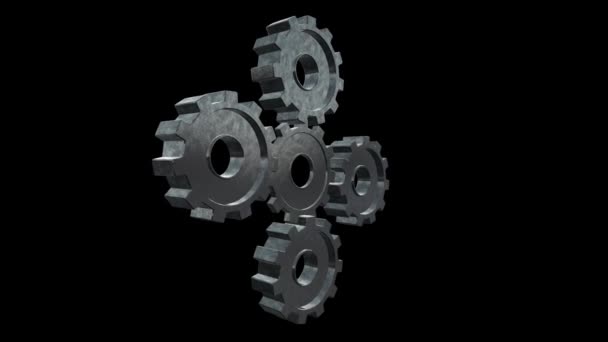 Five gray gears spinning flies . Black background. Alpha channel — Stock Video