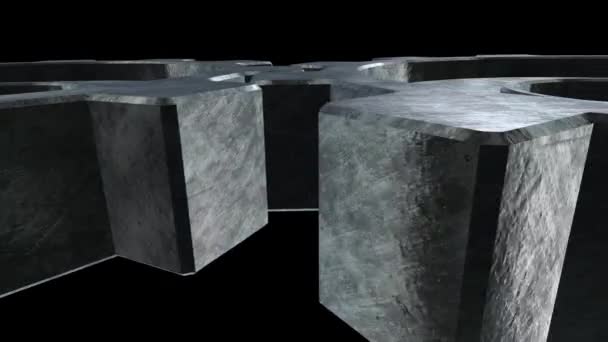 L'ancien mécanisme des deux engrenages tourne. Fond noir. Ferme là. Canal alpha 