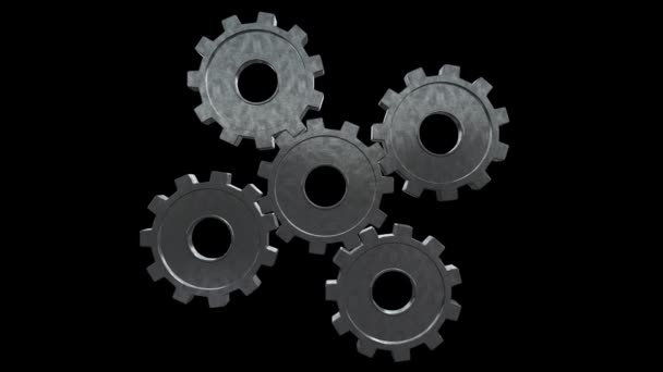 Five gears spinning flies . Black background. Alpha channel — Stock Video