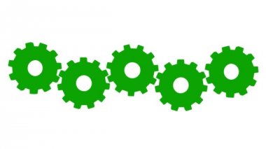 3 D animasyon beş yeşil vites döndürmek. Beyaz arka plan. Alfa kanalı