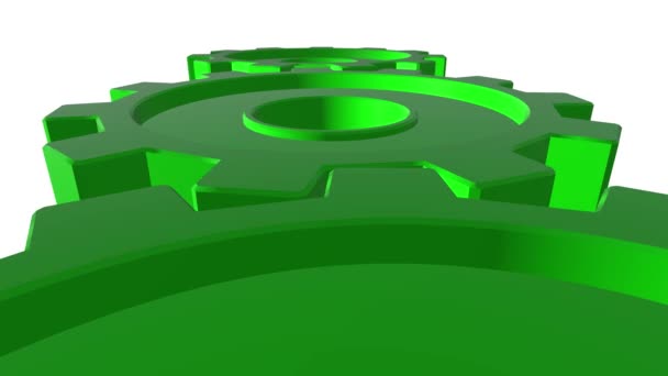 3D-versnellingen groen. Witte achtergrond. Alfakanaal. Close-up — Stockvideo