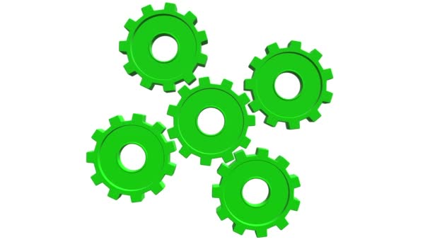Five green gears spinning . White background. Alpha channel — Stock Video
