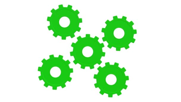 Five green gears spinning . White background. Alpha channel — Stock Video