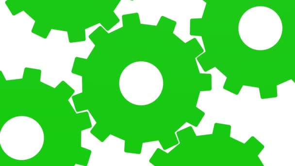 Five green gears rotate . White background. Alpha channel. Close up — Stock Video