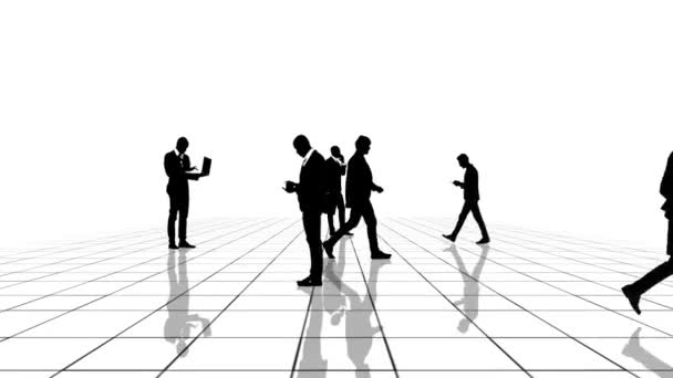 Animazione di una griglia in bianco e nero con sagome di uomini d'affari che si muovono verso la fotocamera. Animazione perfettamente richiudibile . — Video Stock