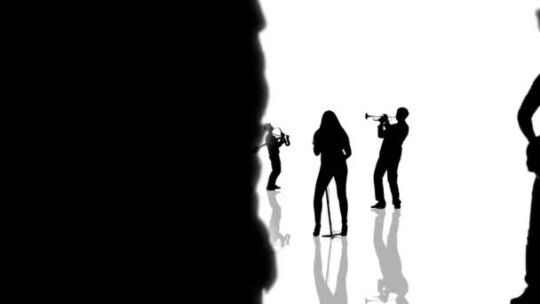 Computer gegenereerde animatie met muzikant mensen silhouetten richting van de camera. Naadloos loopbare animatie. — Stockvideo