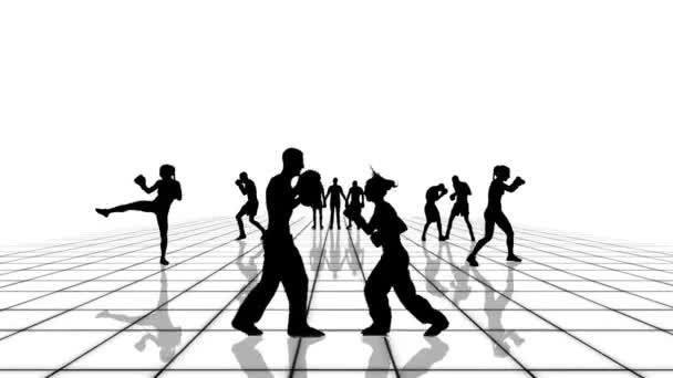 Boxing and kickboxing people silhouettes moving towards the camera of a black and white grid. Seamlessly loopable animation. — Stock Video