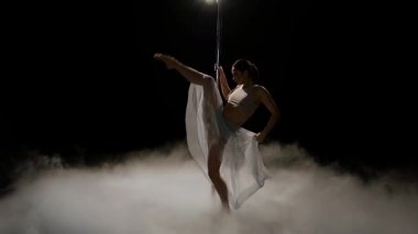 Kadının seksi kutup dans karanlık stüdyosu işi. Siyah duman arka plan. Ağır çekim