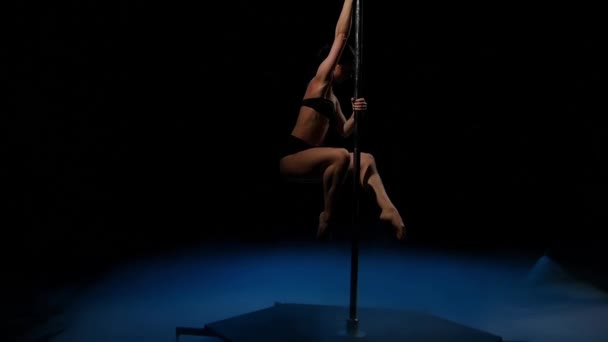 Erotic movement on the pole is performed by a girl. Black smoke background. Slow motion — Stock Video