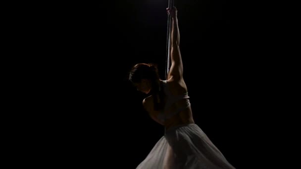 Ballerina esegue poledance sexy sul palo. Fondo nero. Rallentatore — Video Stock