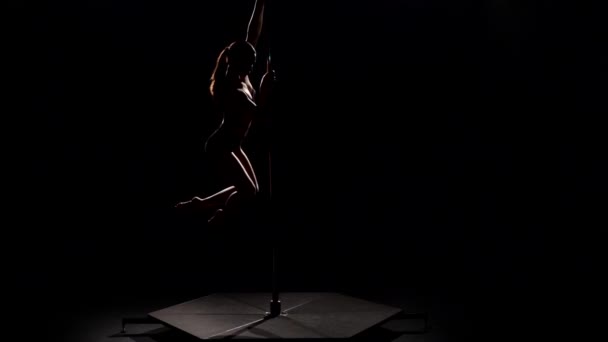 Female dancer sexy poledance . Black background. Slow motion. Silhouette — Stock Video