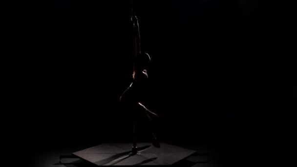 Striptease tourne sur un poteau dans le studio. Fond noir. Au ralenti. Silhouette — Video