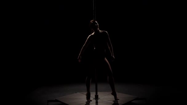 Danser voert paaldansen op pole in dans nachtclub. Zwarte achtergrond. Slow-motion. Silhouet — Stockvideo