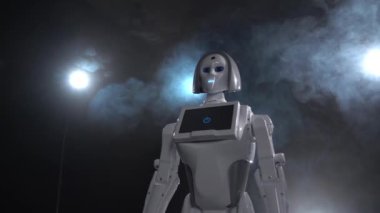 Robot kendini çağrı. Siyah duman arka plan. Yakın çekim. Ağır çekim