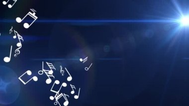 Birçok farklı beyaz müzik notaları sinek. Mavi arka plan