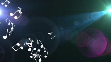 Animasyonlu düşen 3d müzik notlar. Siyah bokeh arka plan