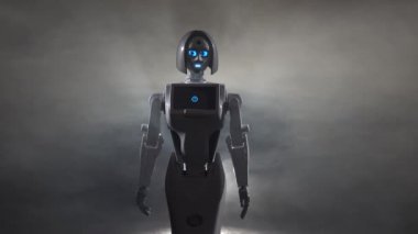 Robot dansları karanlık bir odada. Siyah duman arka plan