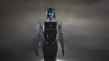 Bir robot sallayarak el. Siyah duman arka plan