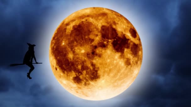 Silhuetten av en ung häxa flyger på en kvast mot bakgrund av orange månen. Halloween — Stockvideo
