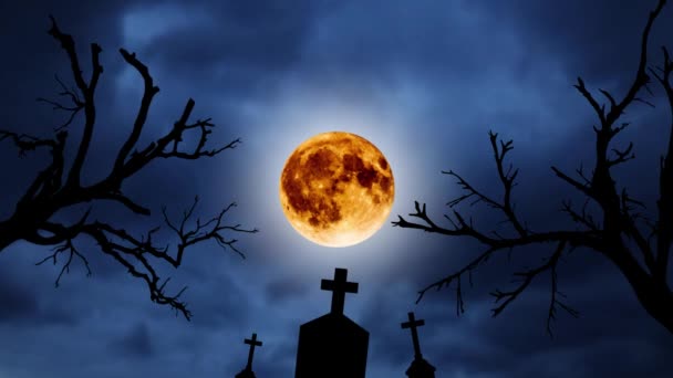 Fondo animado de Halloween. Siluetas de árboles viejos y cementerio sobre el fondo de la luna naranja y el cielo azul nocturno . — Vídeos de Stock