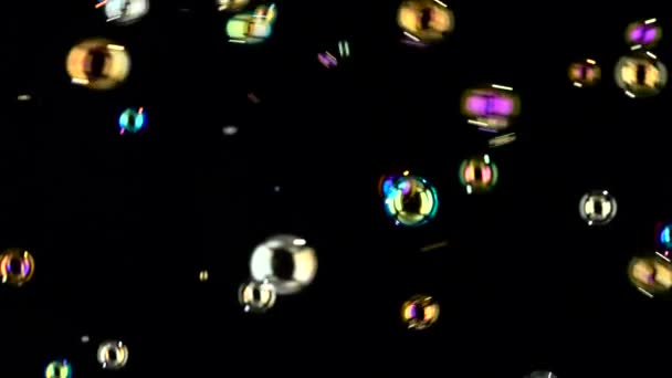 Радужные Плавающие Мыльные Пузыри Воздухе Чёрные Подложки — стоковое видео