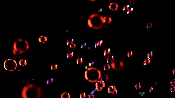 Rote Seifenblasen fliegen durch die Luft. schwarzer Hintergrund — Stockvideo