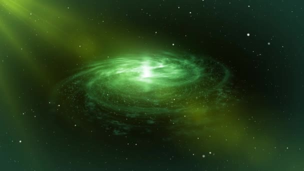 Forgó spirális galaxis fényes zöld és fehér színben. Zöld háttér — Stock videók