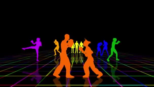 Boxers and kickboxers trains on a multicolored grid. Black background — Stock Video