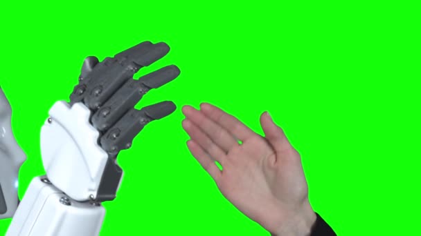 Hand av en kvinna och en robot hand ge fem. Grön skärm. Närbild. Slow motion — Stockvideo