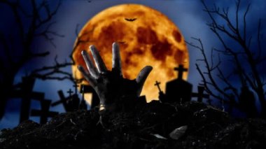 Zombi el dışarı mezar ve yarasalar sinek gelir. Mezarlık arka plan