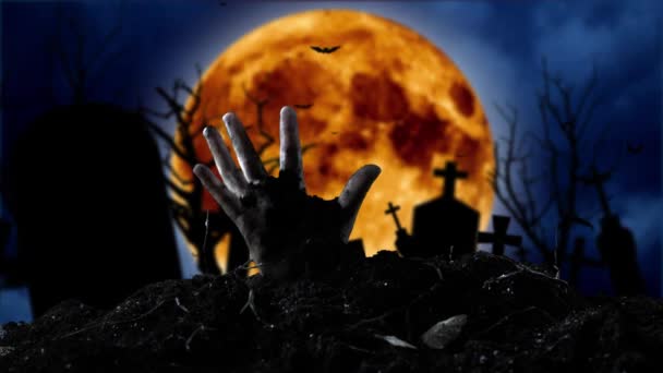 Mano zombi saliendo de la tumba. Fondo del cementerio — Vídeos de Stock