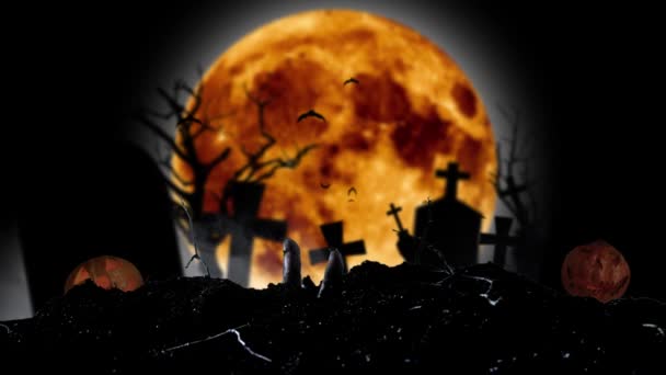 Main de zombie sortant de la tombe sur le fond de la citrouille d'Halloween — Video