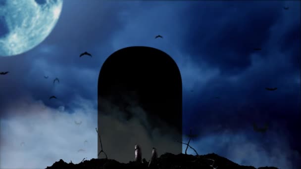 Menselijke hand ontspringt uit het graf en aan de linkerkant een blauwe maan schijnt. Blauwe rokerige achtergrond — Stockvideo