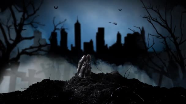 La main d'un zombie sort du sol par derrière des silhouettes de chauves-souris de maisons. Fond fumé 