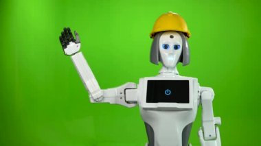 Robot üreticileri kask dalgalar Hoşçakal ve görüşmeler. Yeşil ekran