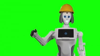 Bir portakal üreticileri robot kask dalgalar Merhaba. Yeşil ekran. Ağır çekim