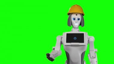 Robot bir kask içinde işçi ofisine davet ediyor. Yeşil ekran. Ağır çekim