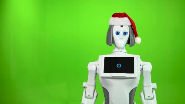 Robot Een Hoed New Years Een Handgebaar Benaderen Hem Roepen — Stockvideo